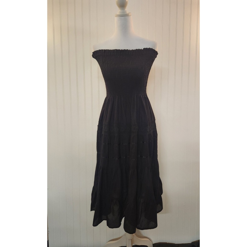 She's Cool Women's Black Strapless Smock Bodice Maxi Tier Dress Size L Boho Chic
